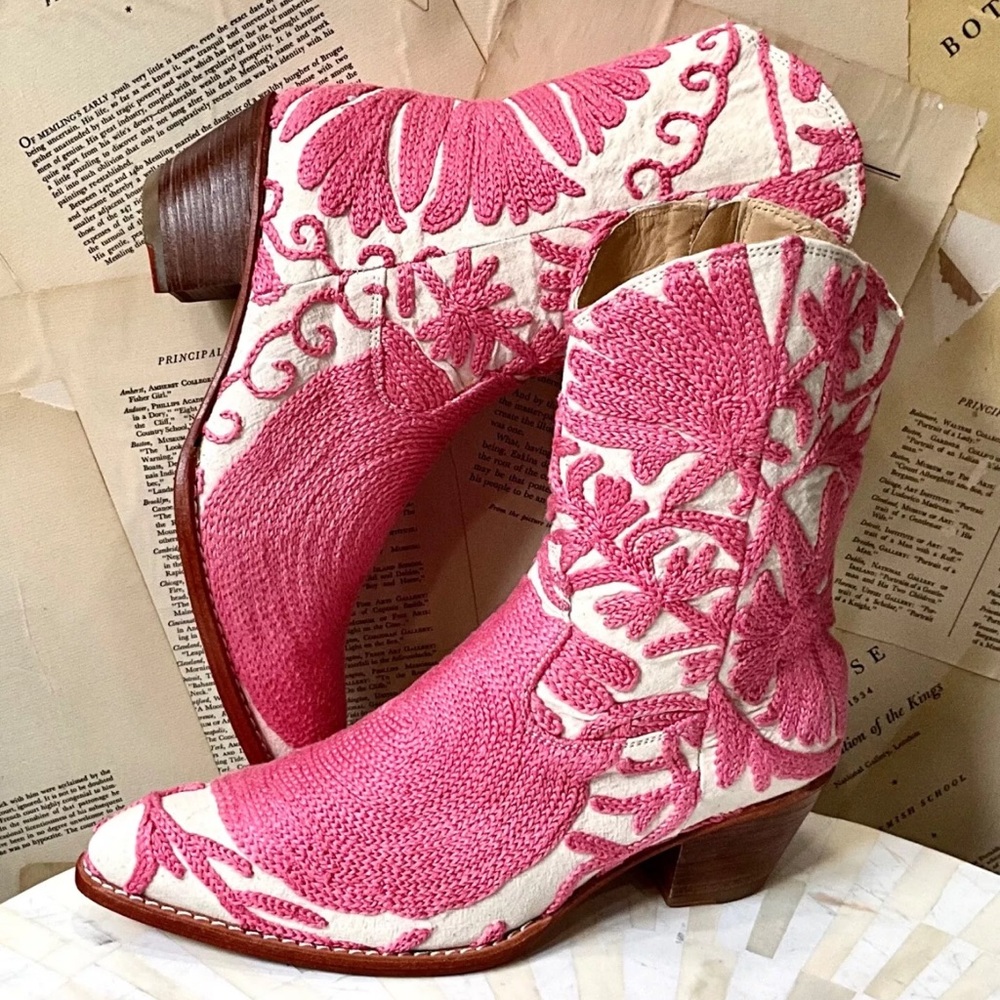 Free People MOMO Fern  Embroidery Botanical Western Boot Pink Ivory